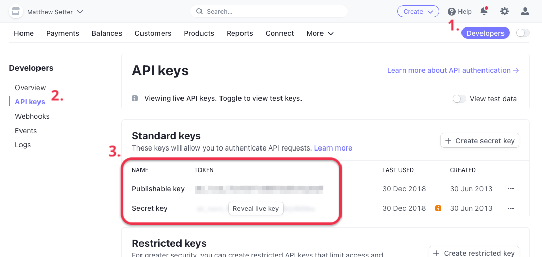 Retrieve Stripe Publishable and Secret keys