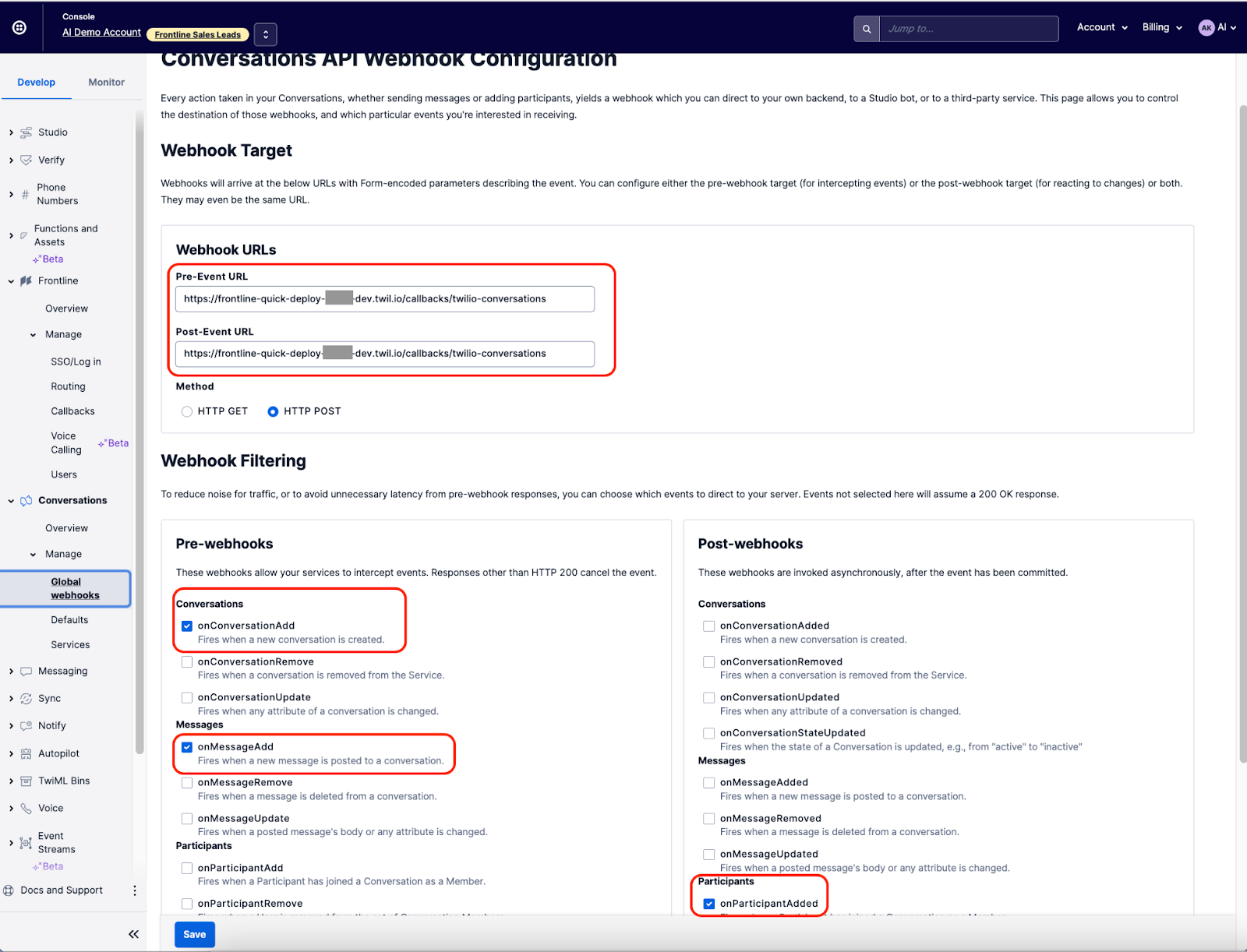 Webhook targets and filtering in the Twilio Console