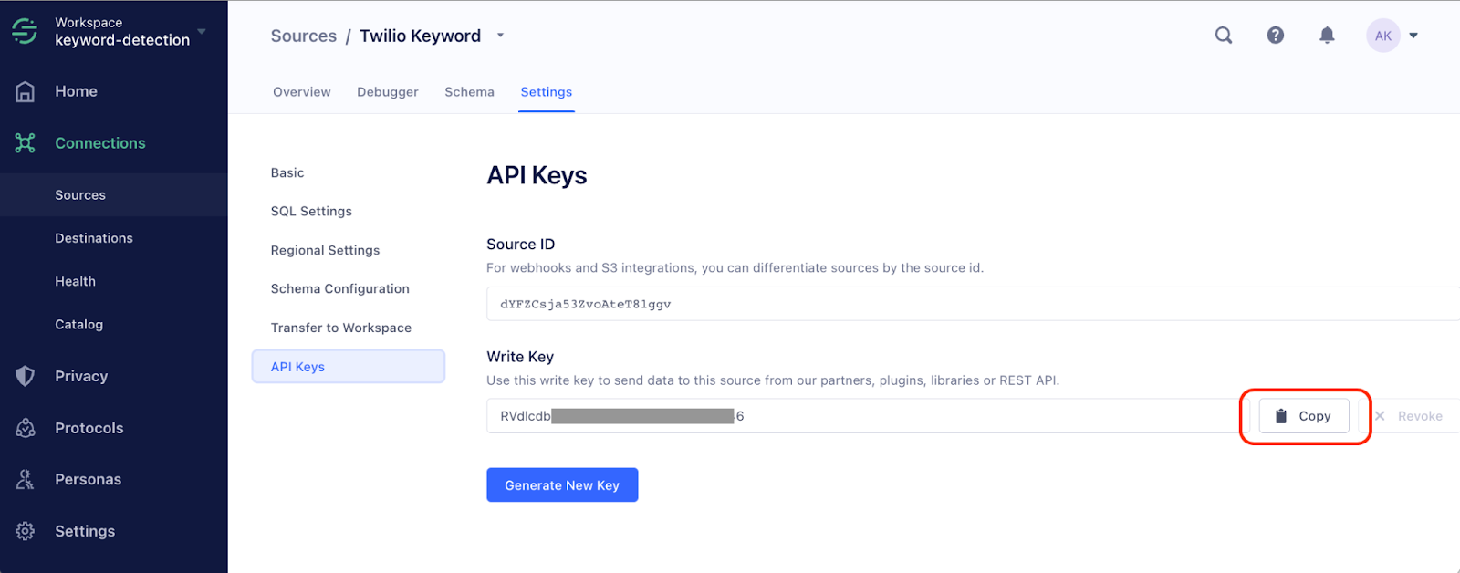 Twilio Keyword write key in the Segment Console