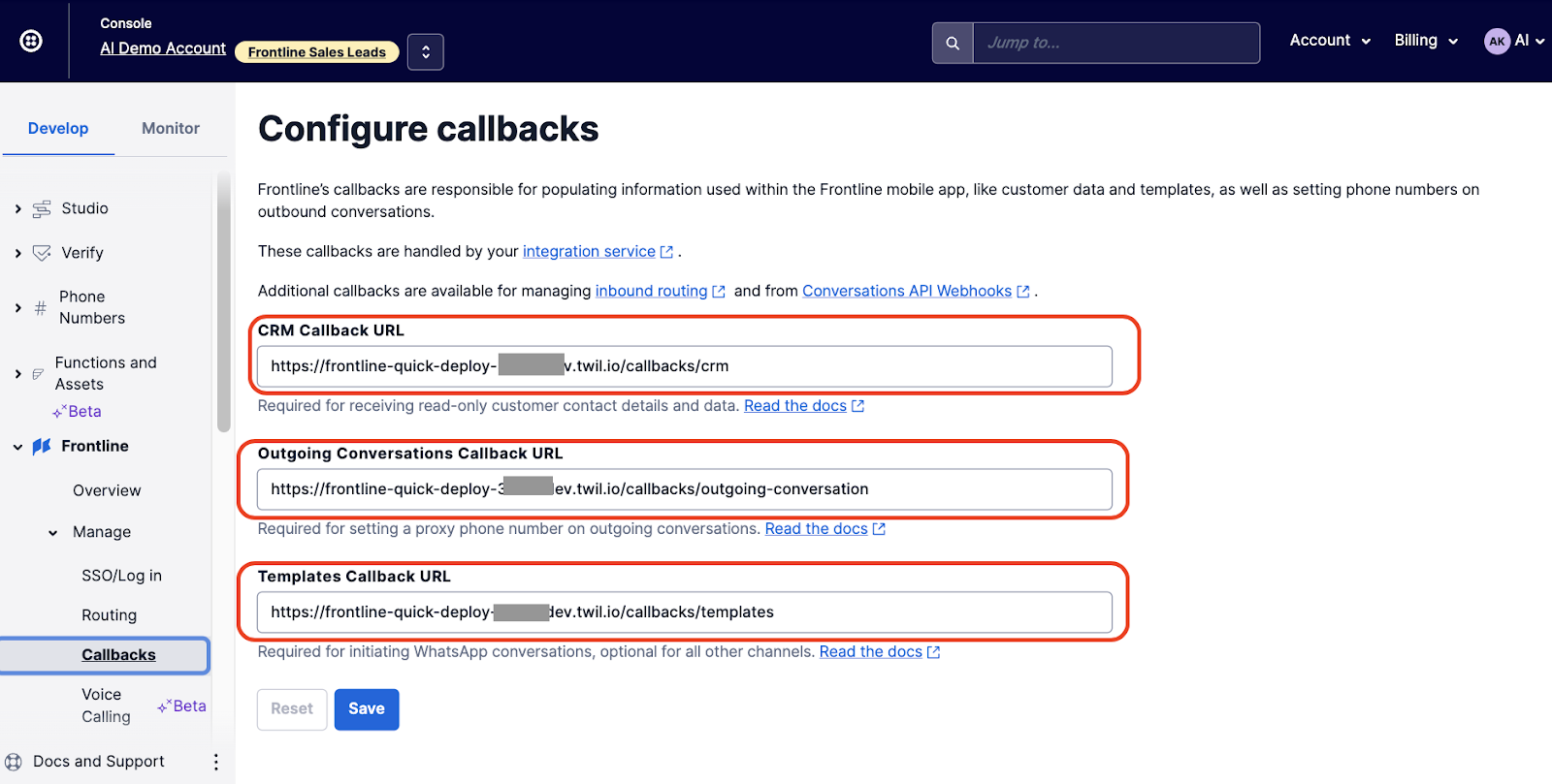 Configure callbacks in the Twilio console