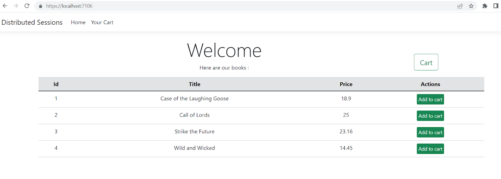 App home page, listing books in a table with an ID column, a title column, a price column, and actions column. There's an add to cart button in the actions column for each book.