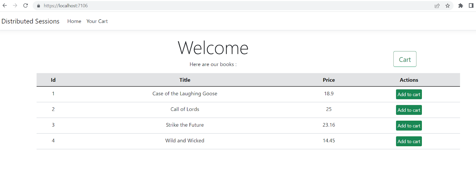 App home page, listing books in a table with an ID column, a title column, a price column, and actions column. There&#x27;s an add to cart button in the actions column for each book.