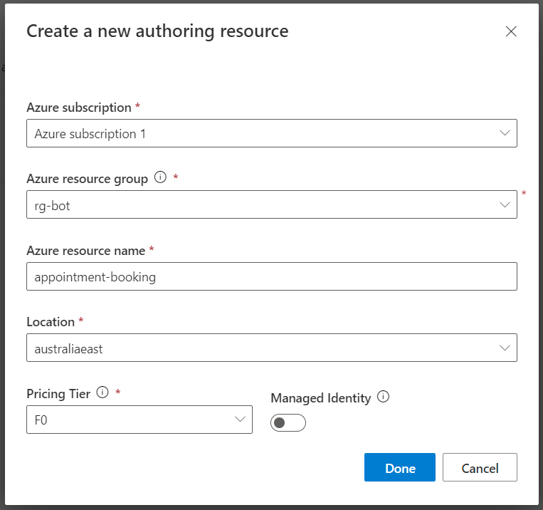 Create a new authoring resource modal, which asks for an Azure Subscription, Azure resource group, an Azure resource name, an Azure location, and pricing tier.