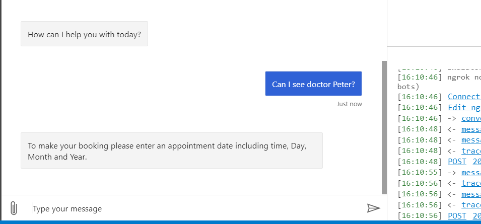 The user chats with the bot using the Bot Emulator. The user asks "Can I see doctor Peter?" and the bot responds with "To make your booking please enter an appointment date including time, Day, Month and Year.