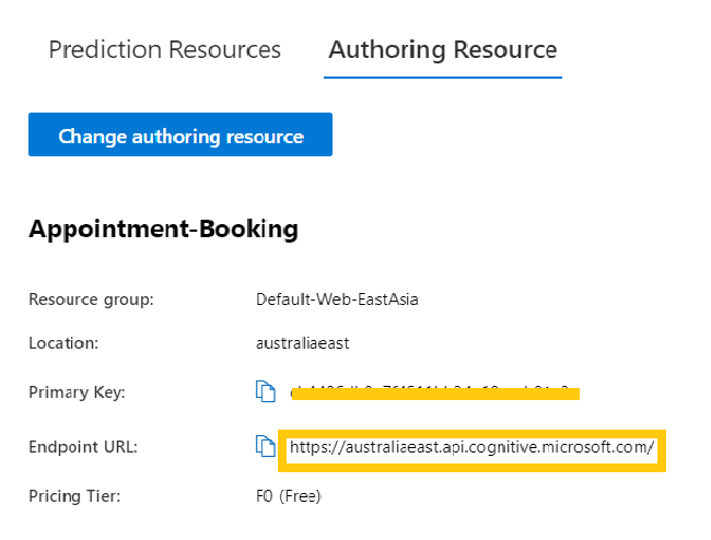 The Authoring Resource sub-tab under the manage tab. This sub-tab shows details about the authoring resource, most importantly, the Primary Key and the Endpoint URL.