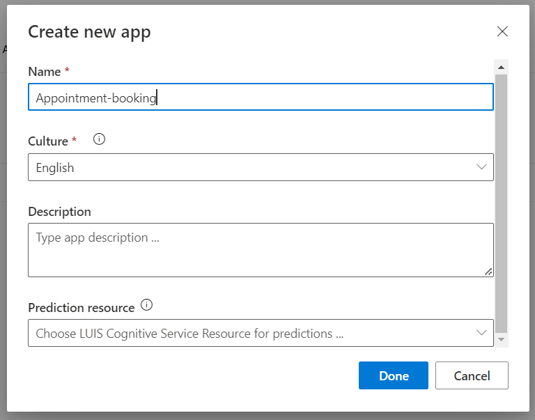 Create a new LUIS app modal that requires a name, but all other fields are optional and can be safely ignored.