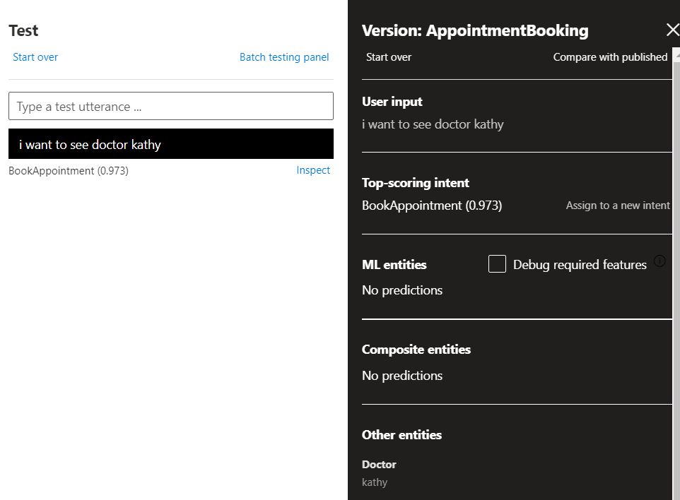 The LUIS test panel where the user enters "i want to see doctor kathy" and LUIS returns the "BookApointment" intent with a 97% certainty and identifies "kathy" as a doctor..