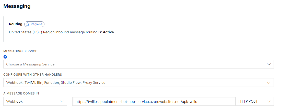 The messaging configuration section for the Twilio Phone Number. The form has 3 fields for when a message comes in, a dropdown which is set to "Webhook", a text field which is set to the App Service URL with /api/twilio as path, and another dropdown set to "HTTP POST"