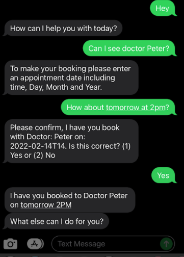An SMS conversation between a user and the appointment booking bot where the user successfully books an appointment with doctor Peter.