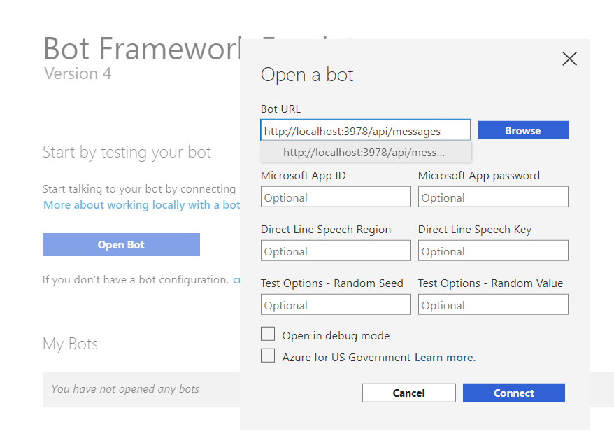 The Bot Emulator showing the Open a bot modal. This modal contains multiple fields, but most importantly the Bot URL field.