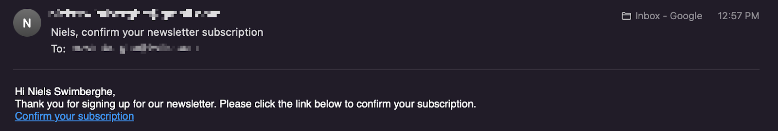 Legitimate newsletter signup email with a link to confirm subscription viewed in the macOS Mail app.