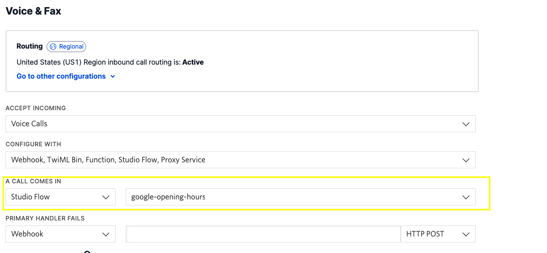 Configuring a phone number to use the Studio Flow created above when a call comes in.