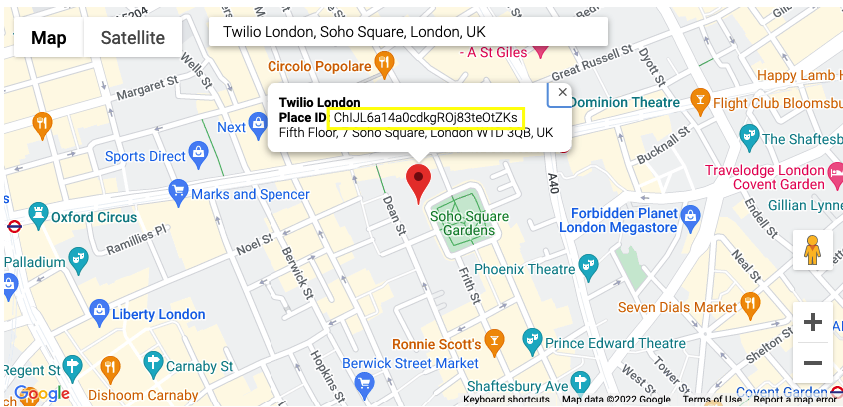 Google Maps screenshot showing Place ID finder for Twilio&#x27;s London office.