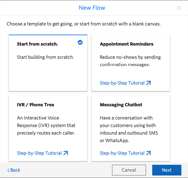 Twilio Studio "New Flow" wizard. "Start from scratch" is selected.