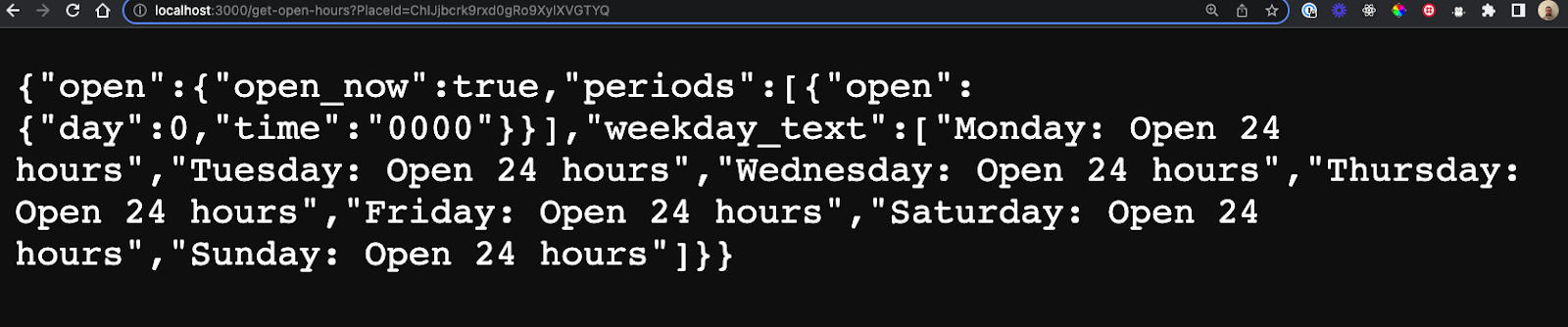 Output from the function showing opening times in JSON format.