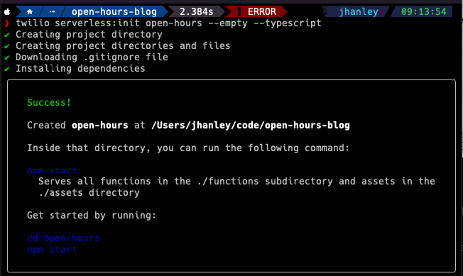 Screenshot of a terminal running the command described in prose. Output ends with "Success!"