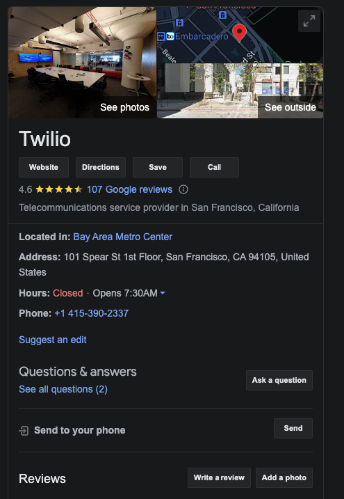 Screenshot of a Google Maps card for Twilio HQ showing office opening times as well as photos and reviews.