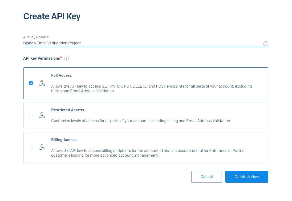 Create API key screen