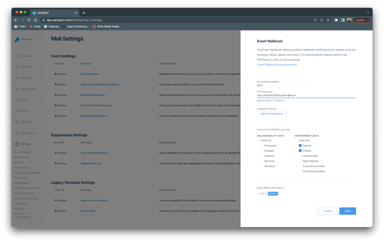 Event webhook settings section filled out in SendGrid