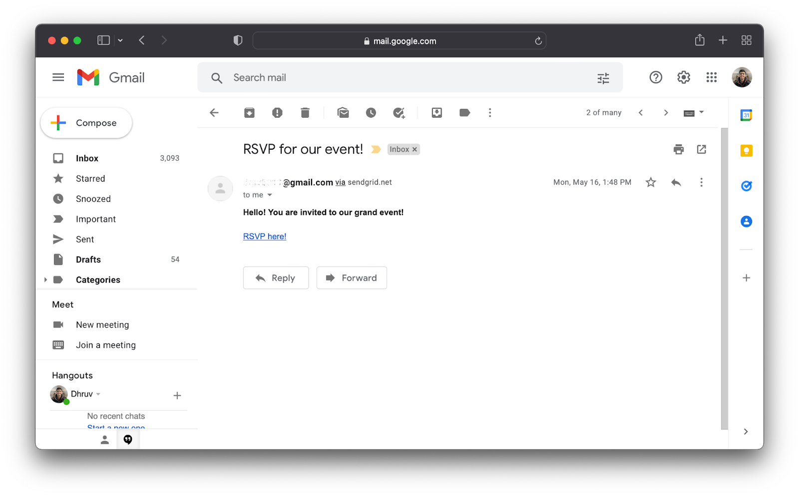 Opened email of the email that was sent from the invitation.js file