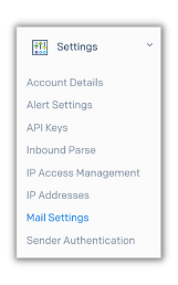 Mail Settings section highlighted in Settings tab in Sendgrid