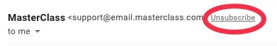 MasterClass email header with unsubscribe link
