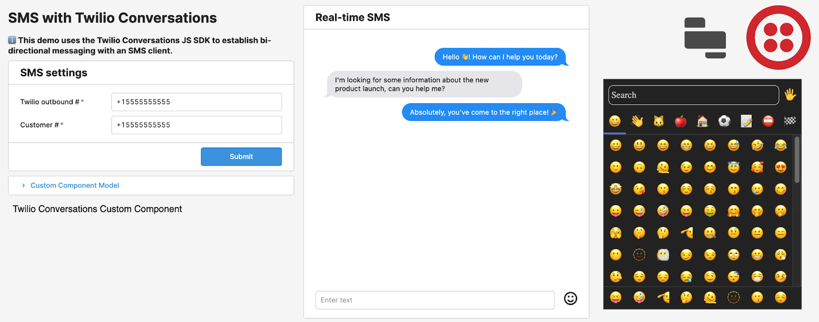 A user interface screenshot showing an in-progress chat conversation between a customer and an agent. SMS settings are displayed on the left, a chat window is displayed in the middle, and an emoji picker is displayed on the right.
