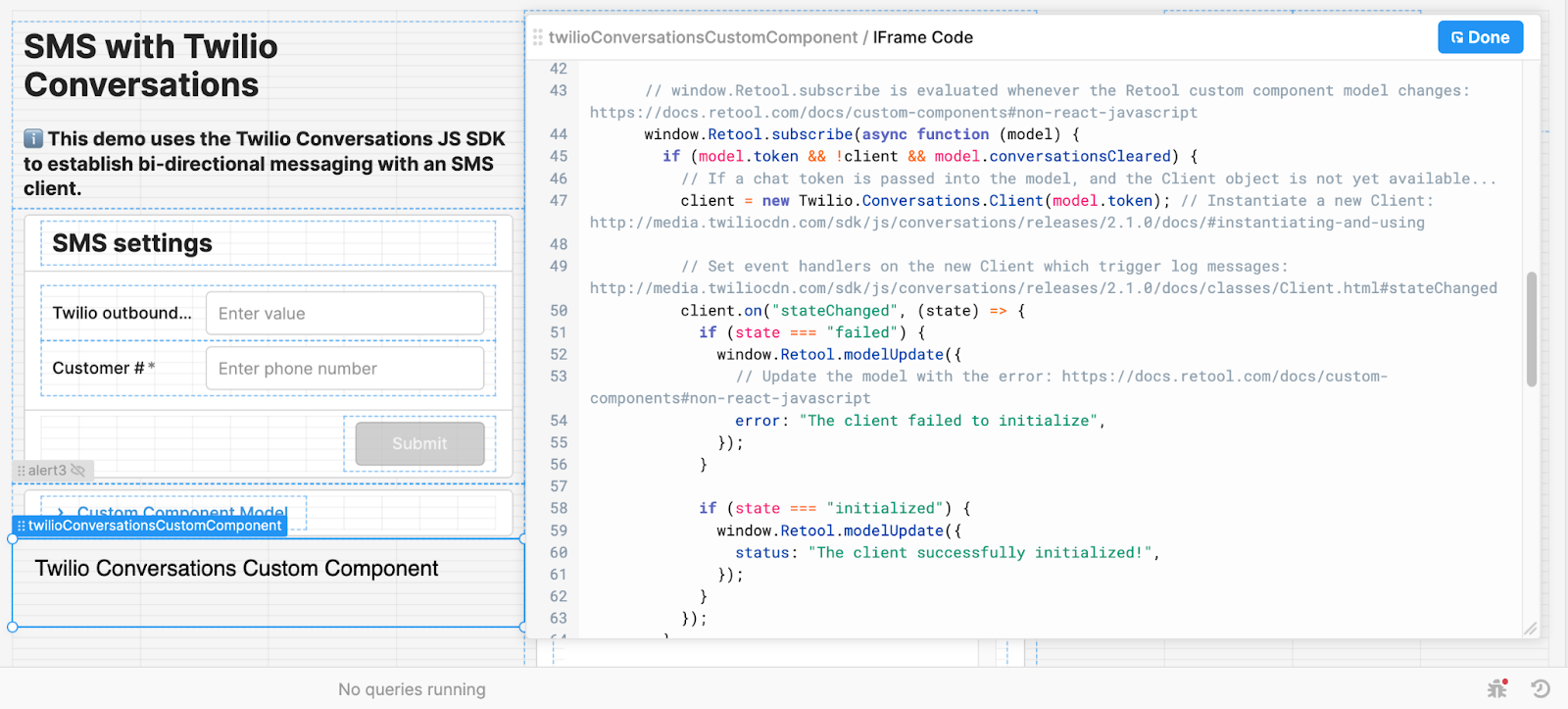 The Retool builder displaying the JavaScript contents of the Twilio Conversations custom component. The JavaScript excerpt shows the window.Retool.subscribe function being used to initialize a new Twilio Conversations client.