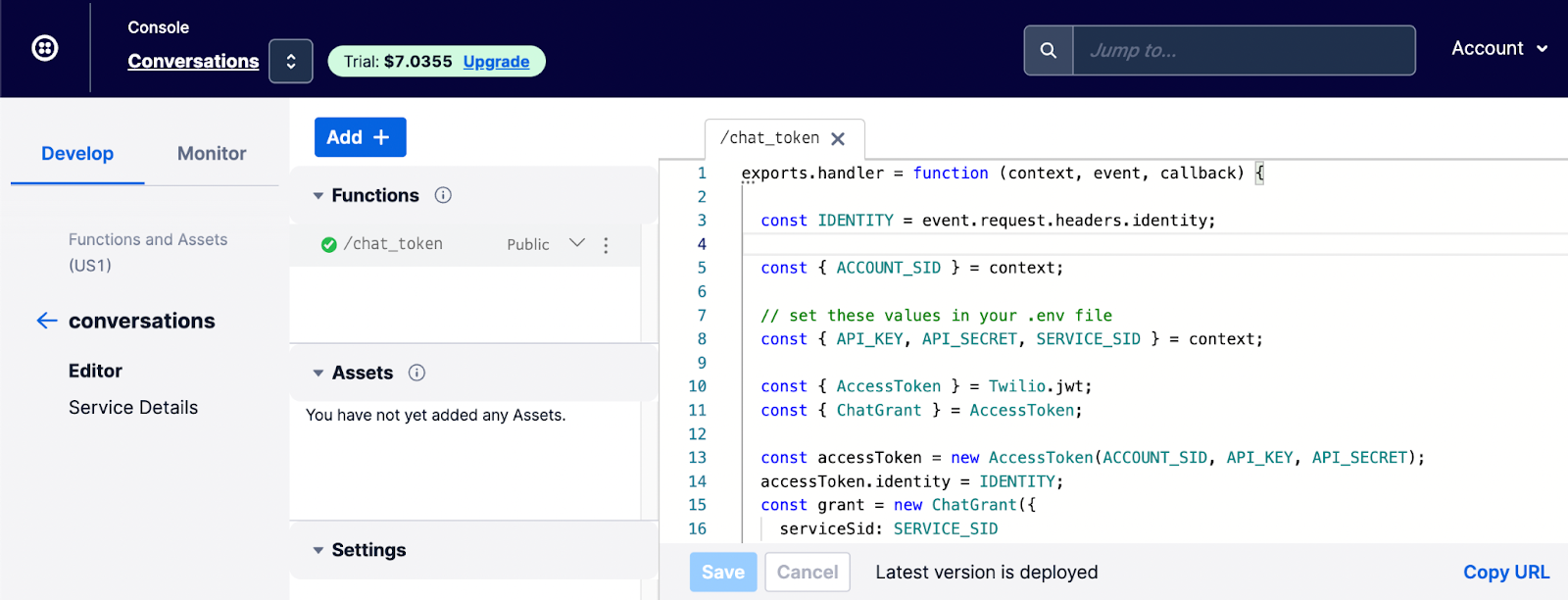 The Twilio Functions Console displaying the JavaScript contents of the /chat_token function. The left panel displays a list of serverless functions, and /chat_token is selected. The right panel displays an excerpt of the JavaScript function, which retrieves the necessary environment variables and uses them to generate an accessToken.