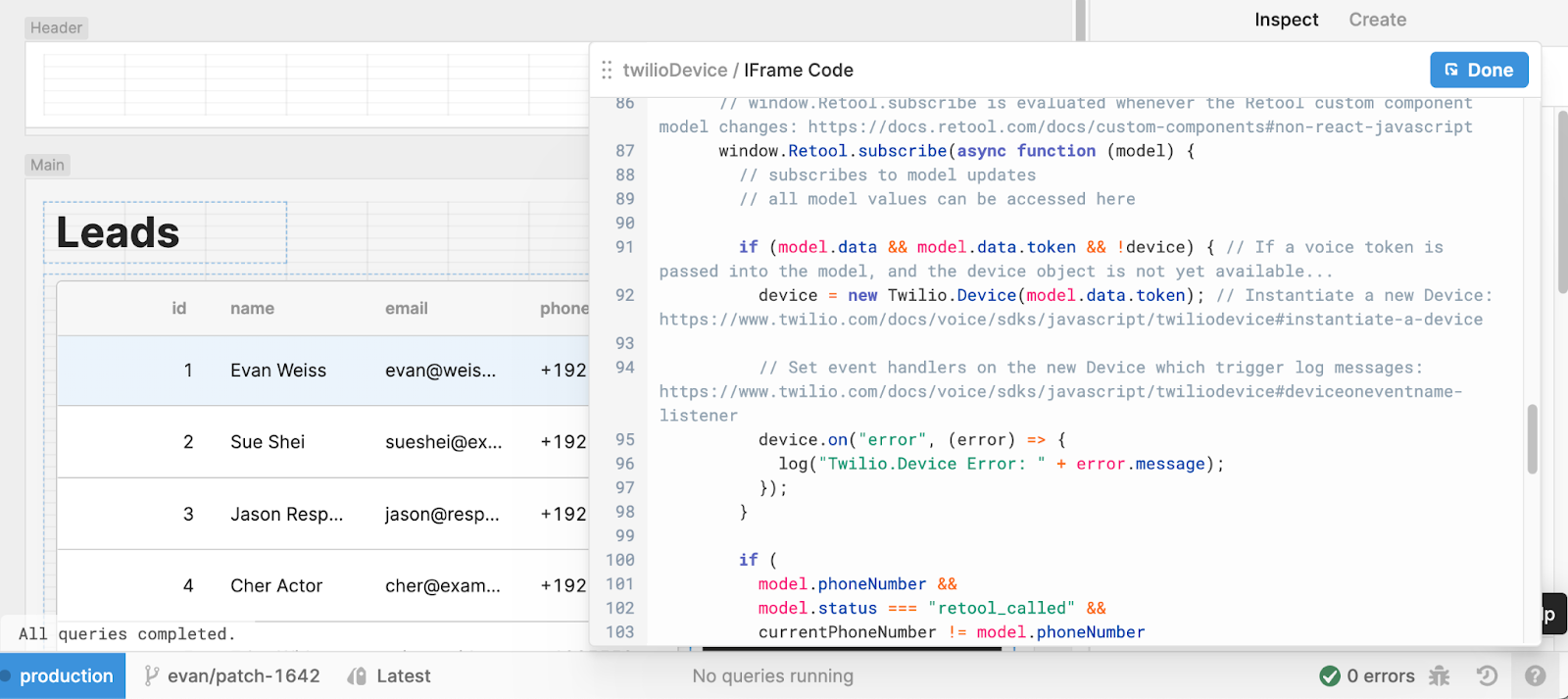 The Retool builder displaying the JavaScript contents of the Twilio Dialer custom component.  The JavaScript excerpt shows the window.Retool.subscribe function being used to initialize a new Twilio Device.