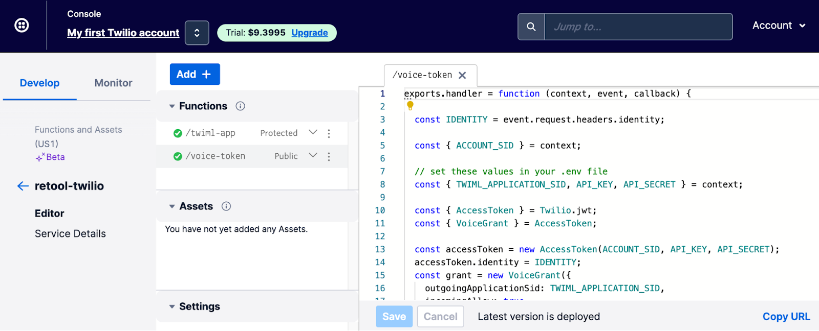 The Twilio Functions Console displaying the JavaScript contents of the /voice-token function. The left panel displays a list of serverless functions, and /voice-token is selected. The right panel displays an excerpt of the JavaScript function, which retrieves the necessary environment variables and uses them to generate an accessToken.