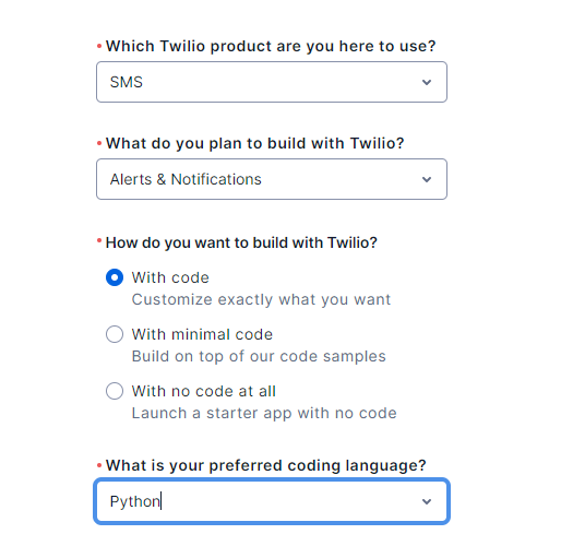 Twilio sign-up questionnaire