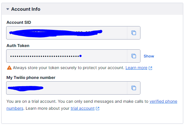 Twilio account info, with account SID, auth token, and Twilio phone number