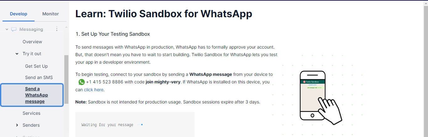 Twilio Sandbox setup page