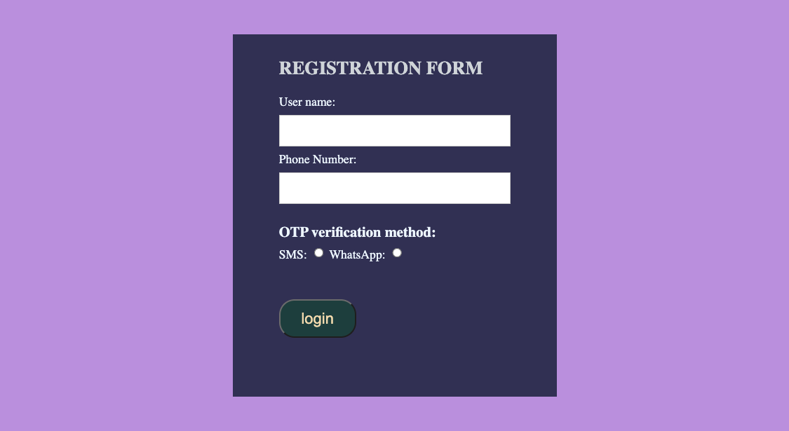 Registration form, with username, phone number, and OTP verification fields