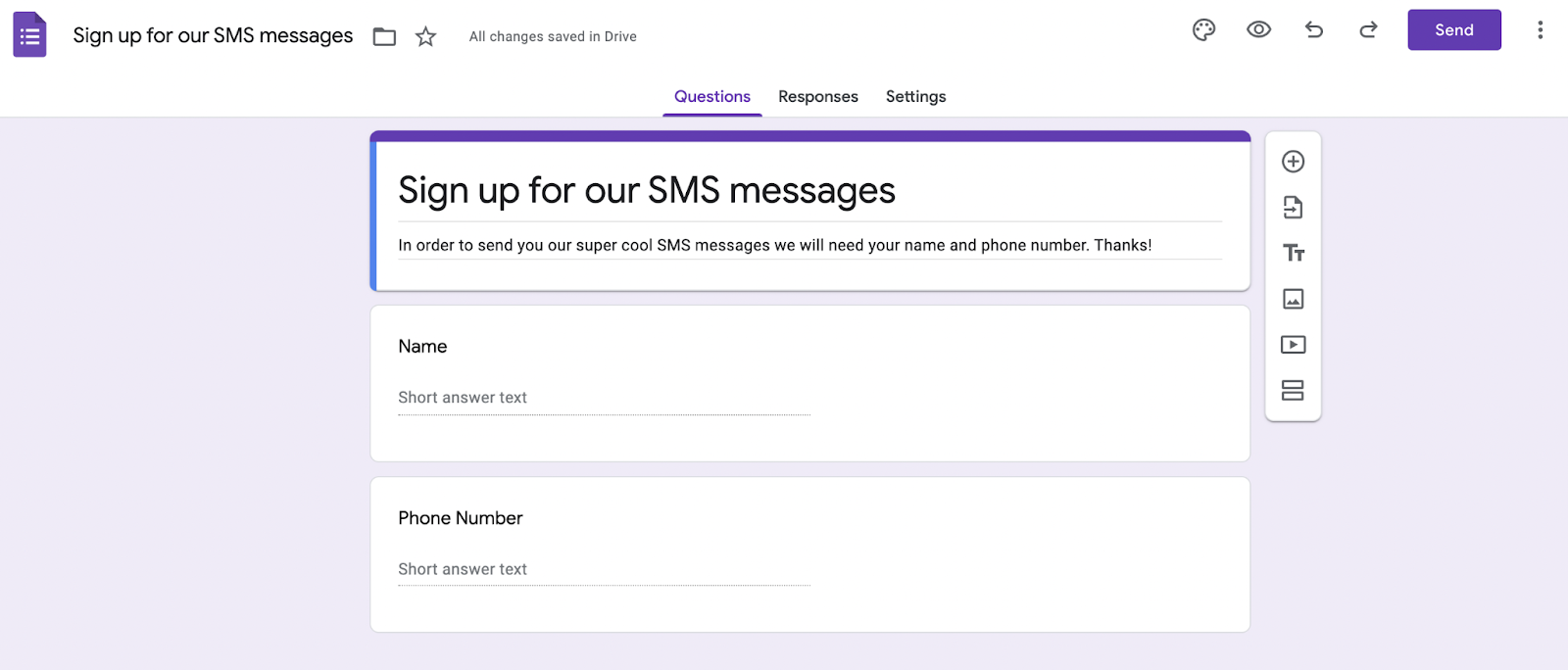Google form with SMS message signup