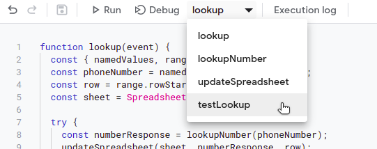 Choose the testLookup function from AppScript
