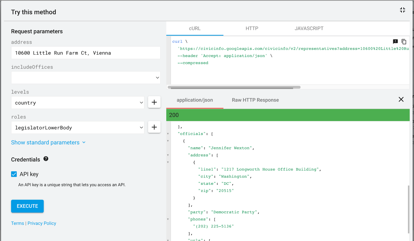 A form to try out the representativeInfoByAddress API method. The address field has an address, the levels field is set to country, and the roles field is set to legislatorLowerBody. The API result shows the details of a single U.S. Representative.