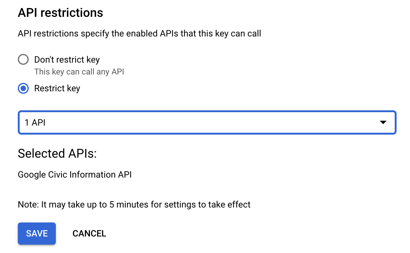 API restrictions form where the "Restrict key" radio button is enabled and the "Google Civic Information API" is selected in the dropdown.