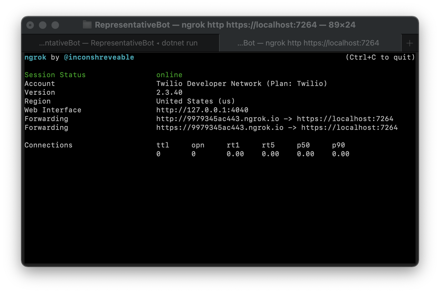 ngrok http command output showing information about the secure tunnel, most importantly the public forwarding URLs