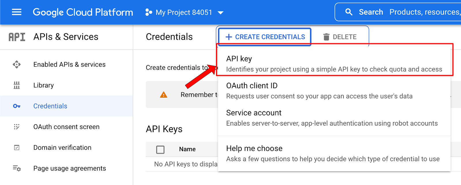 GCP Credentials page where the user clicks on the "CREATE CREDENTIALS" button and then on the "API key" menu item.