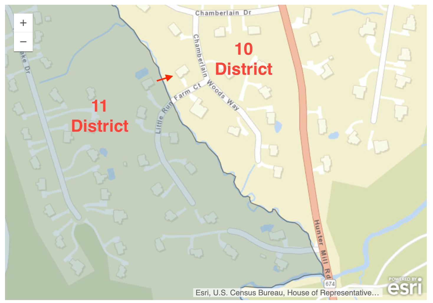 A map with Virginia"s Congressional District 11 overlayed. On the map, you can see two houses on the street Little Run Farm Ct are part of District 10, and the rest of the street is part of District 11.
