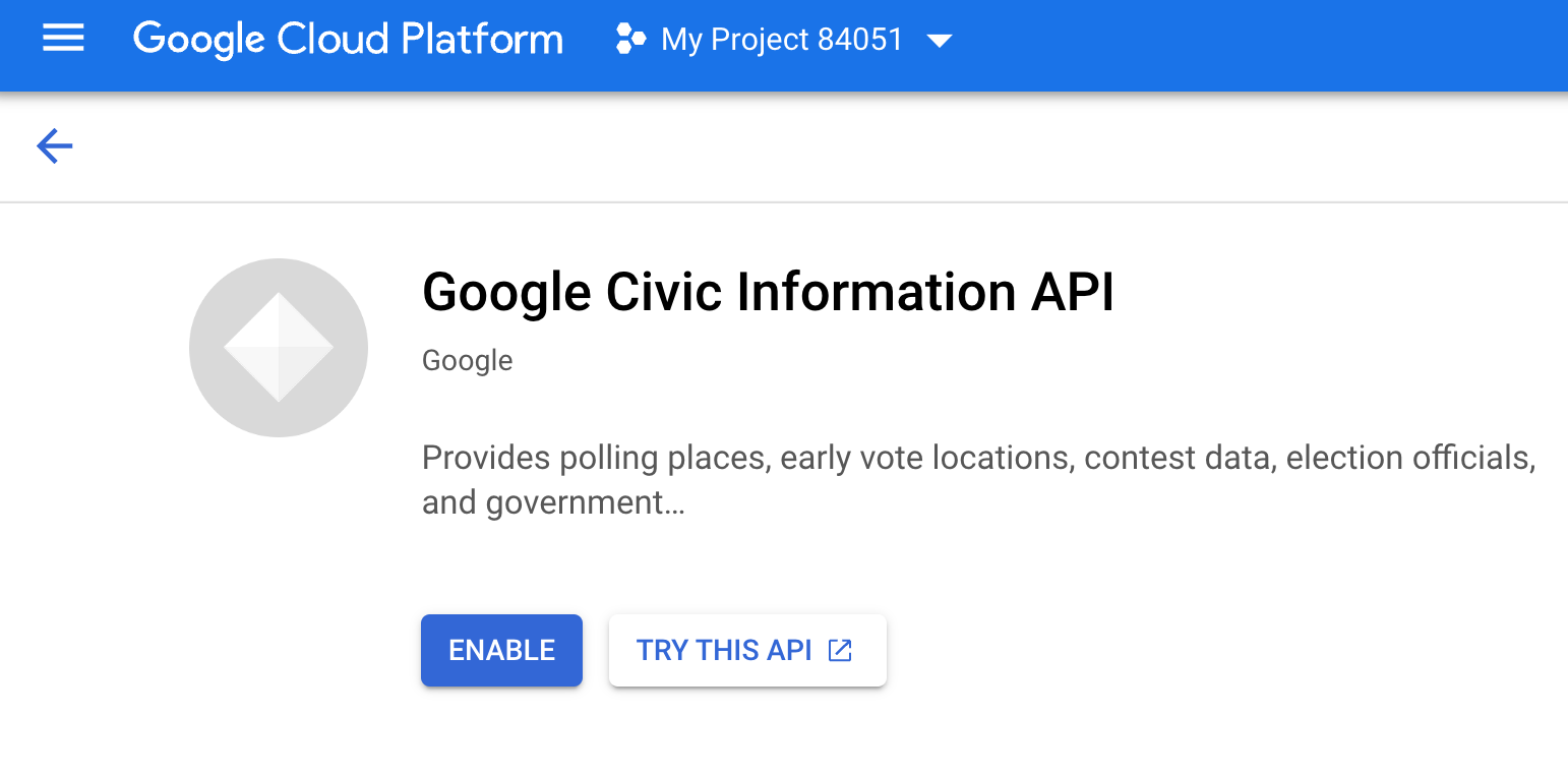 The API listing for the "Google Civic Information API" with an enable button.