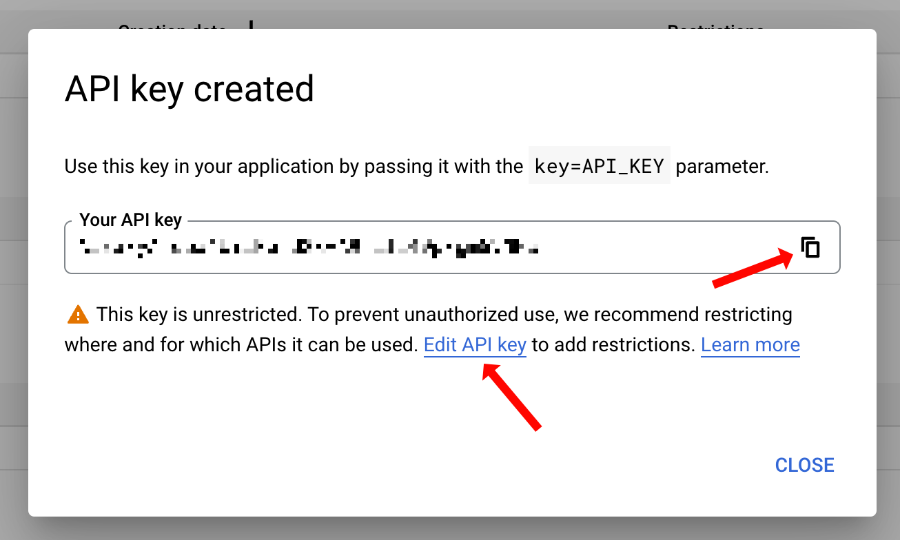 API key created modal with a copy button to copy the key and a link "Edit API key".