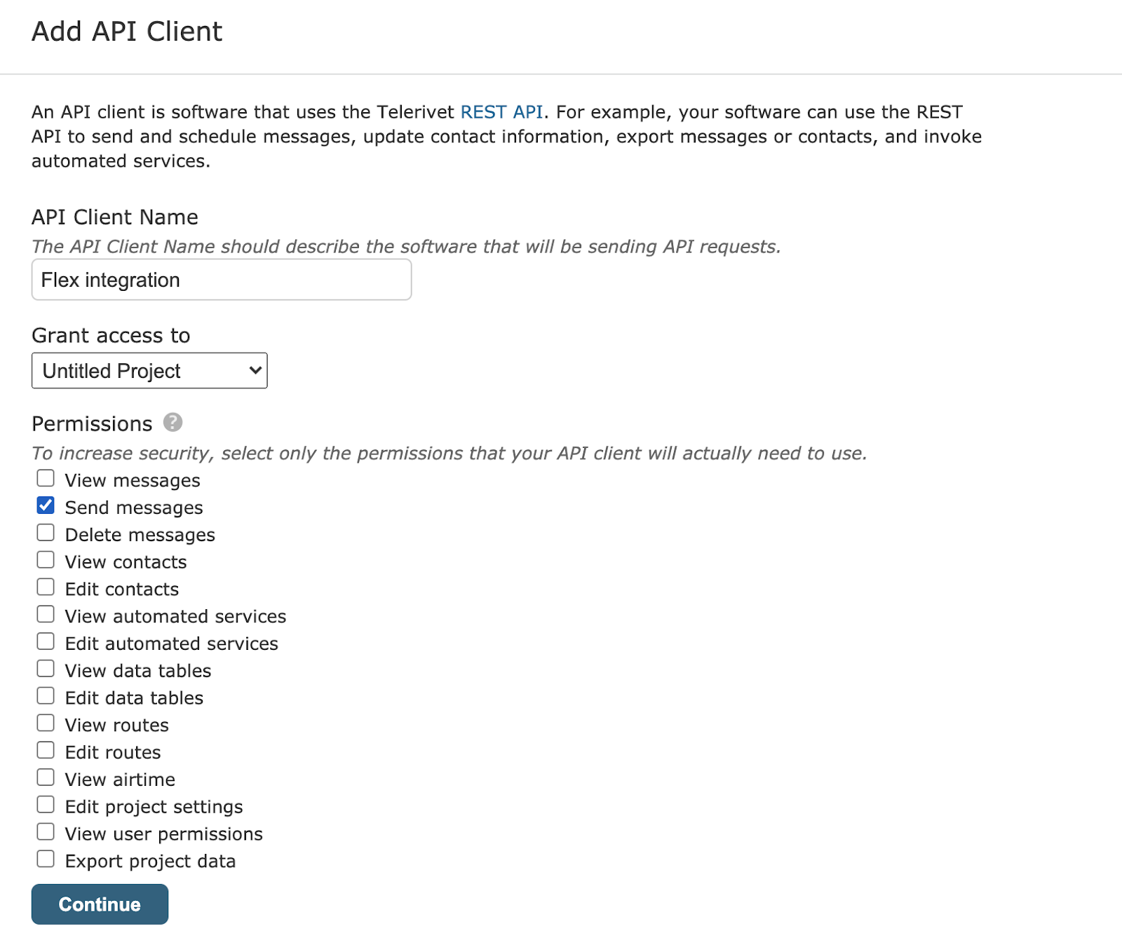 Telerivet (Add API Client) with permission list