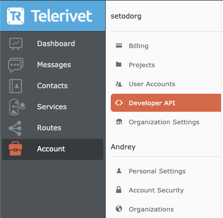 Telerivet Developer API in the Account Menu