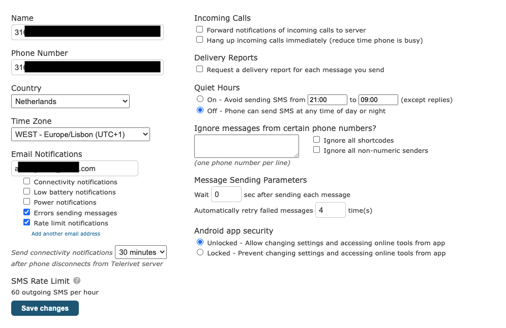 Telerivet (Route Configuration) options on Android