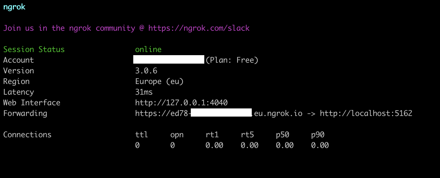 ngrok output showing the forwarding URL