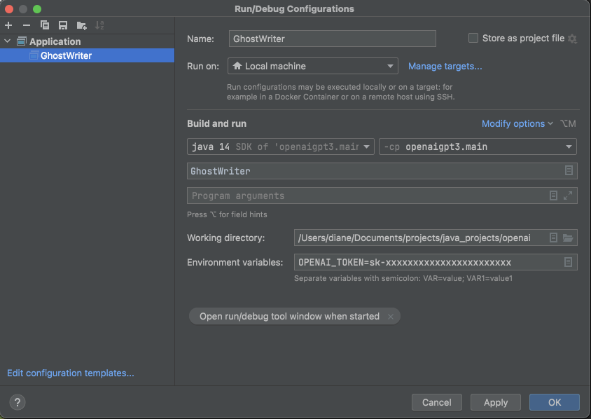 edit the configurations to build and run the java application