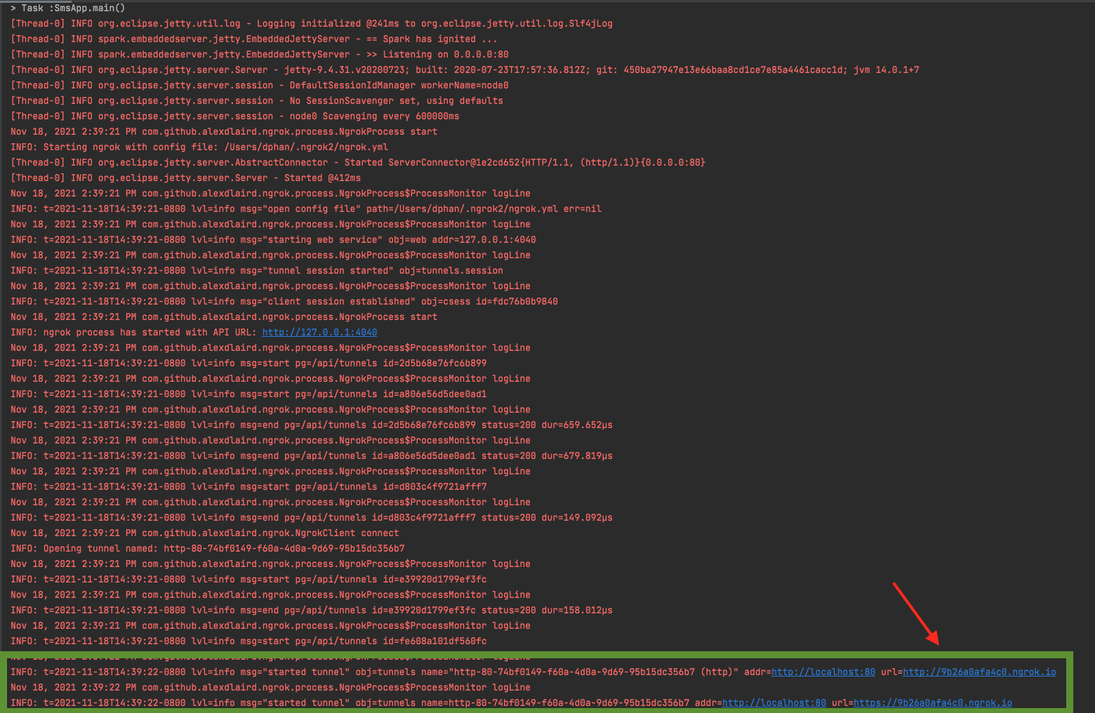 example ngrok output from running the main java program